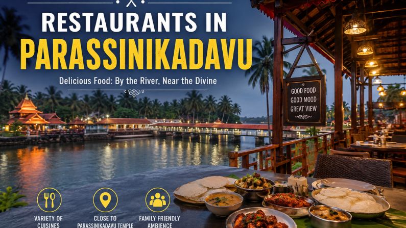 Restaurants in Parassinikadavu banner featuring a riverside restaurant with Kerala dishes near Parassinikadavu Temple.